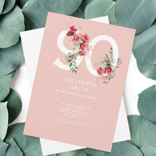 Pink & Red Floral Elegant 90th Birthday Party Invitation