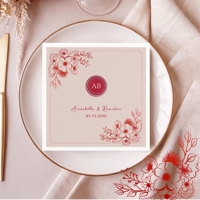 Pink Red Floral Monogram Wedding Napkins (Creator Uploaded)