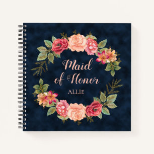 Pink Red Floral Navy Blue Maid Honor Wedding Notebook