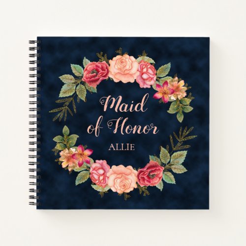 Pink Red Floral Navy Blue Maid Honor Wedding Notebook