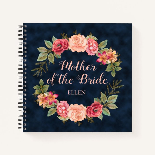 Pink Red Floral Navy Blue Mother Bride Wedding Notebook (Front)