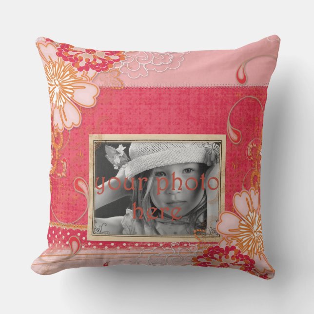 Pink Red Floral Photo Throw Pillow (Front)