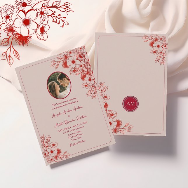 Pink Red Floral Photo Wedding Invitation (Creator Uploaded)