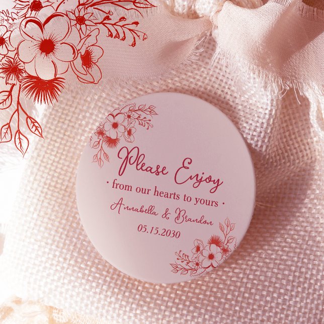 Pink Red Floral Please Enjoy Wedding Classic Round Sticker (Creator Uploaded)
