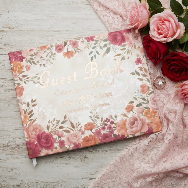 Pink &Red Floral Spring Wedding Foil Guest Book (Flat lay pink red watercolor floral vintage spring garden foil wedding guest book )