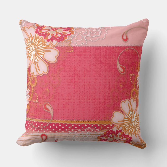 Pink Red Floral Square Throw Pillow (Front)