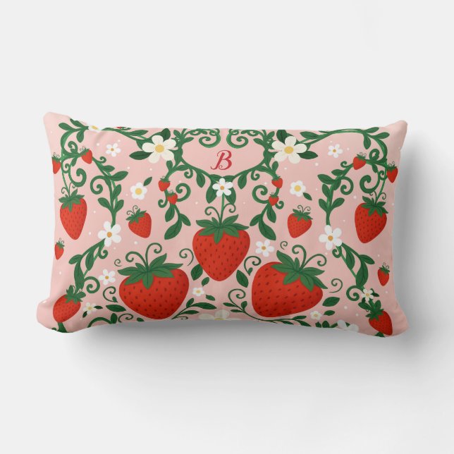 Pink & Red Floral Vines Strawberry Cute Lumbar Pillow (Front)