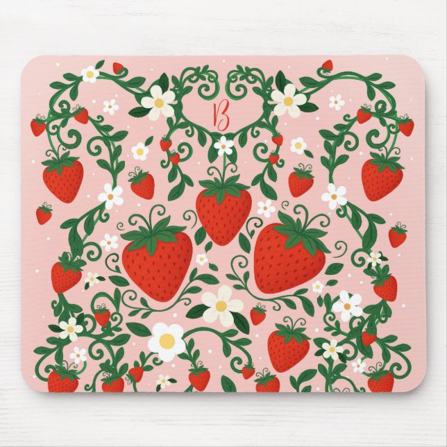 Pink & Red Floral Vines Strawberry Cute Mouse Pad (Front)