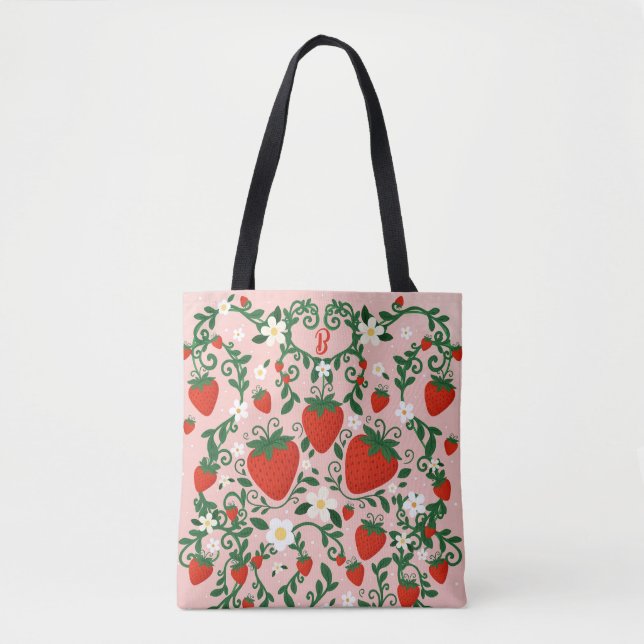Pink & Red Floral Vines Strawberry Cute Tote Bag (Front)