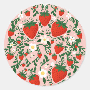Pink & Red Floral Vines Strawberry Party Classic Round Sticker