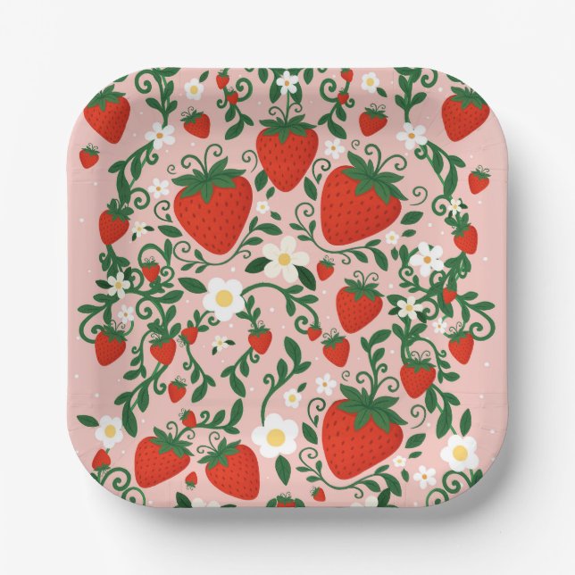 Pink & Red Floral Vines Strawberry Party Stickers Paper Plates (Front)