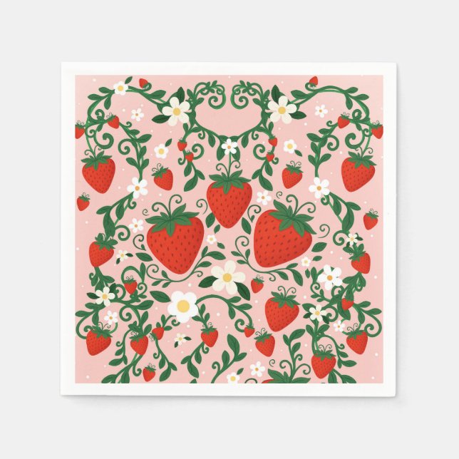 Pink & Red Floral Vines Strawberry Stickers Napkins (Front)