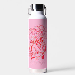 Pink Red Flower Girl Illustration Personalized Water Bottle