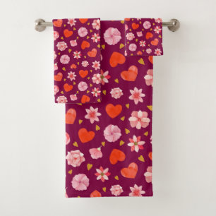 Pink & Red Flowers and Hearts Bath Towel Set