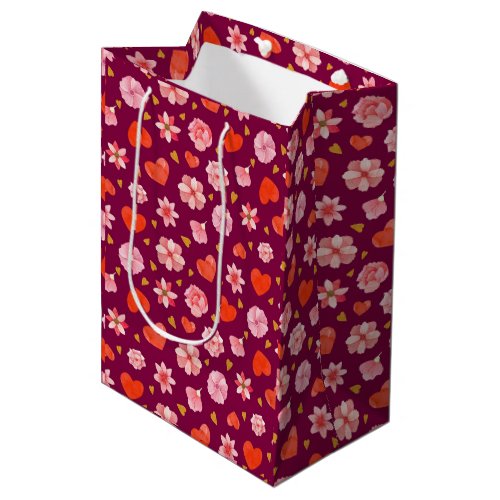 Pink  Red Flowers and Hearts  Medium Gift Bag