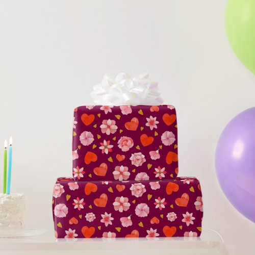 Pink  Red Flowers and Hearts  Wrapping Paper