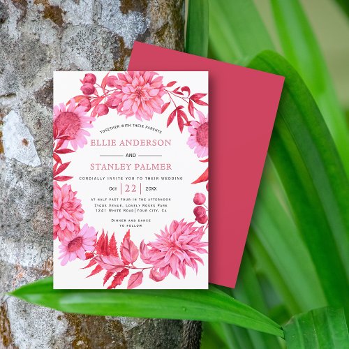 Pink red flowers and leaves wreath wedding invitation