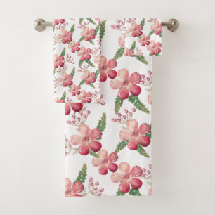 Pink  Red Flowers and Red Berries Green Leaves  Bath Towel Set