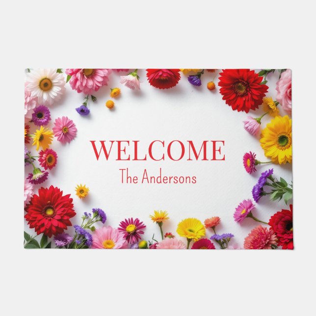 Pink Red Flowers Colorful Door Mat (Front)