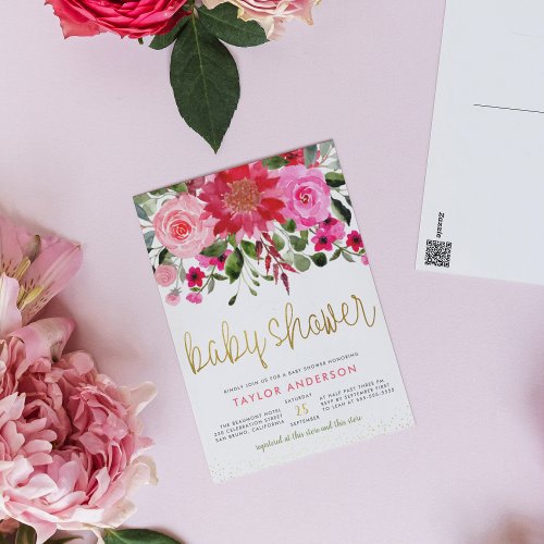 Pink  Red Flowers Eucalyptus Greenery Baby Shower Invitation Postcard