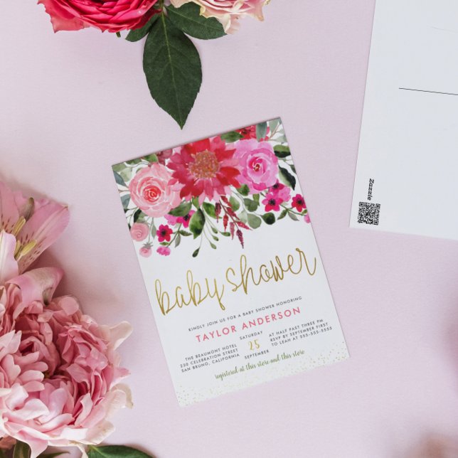 Pink & Red Flowers Eucalyptus Greenery Baby Shower Invitation Postcard