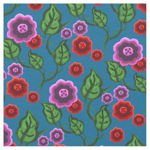 Pink/red flowers/green leaves/Folk  floral/blue Fabric