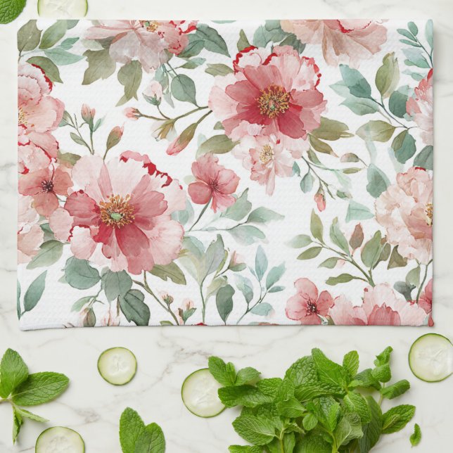 Pink Red Flowers Kitchen Towel (Folded)