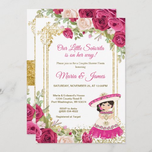 Pink Red Flowers Mexican Fiesta Couple Shower   Invitation