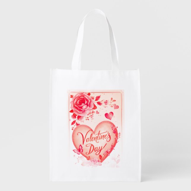 Pink + Red Flowers on a White Reusable Grocery Bag (Front)