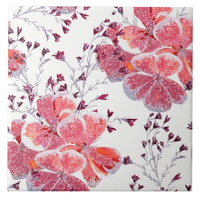 Pink-red flowers on white.  ceramic tile (Front)