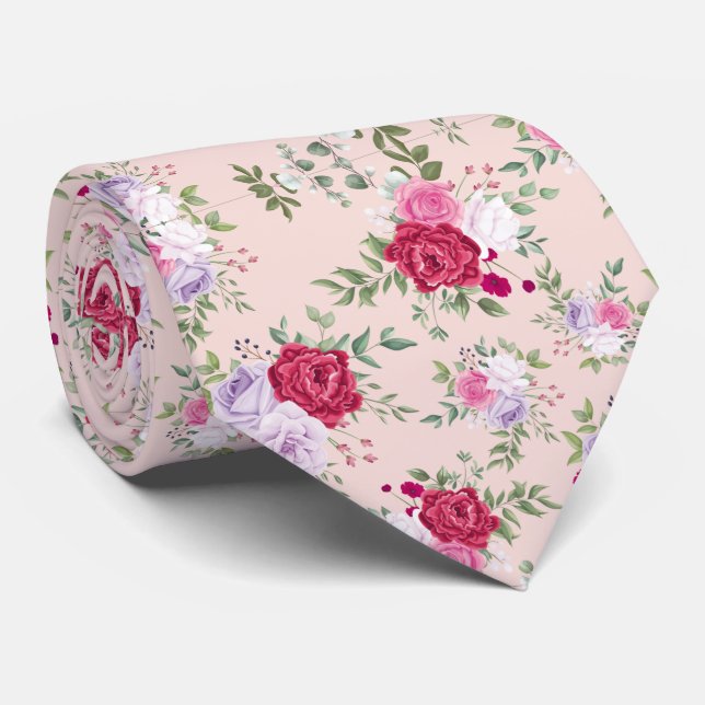 Pink red flowers Pattern Art Neck Tie (Rolled)