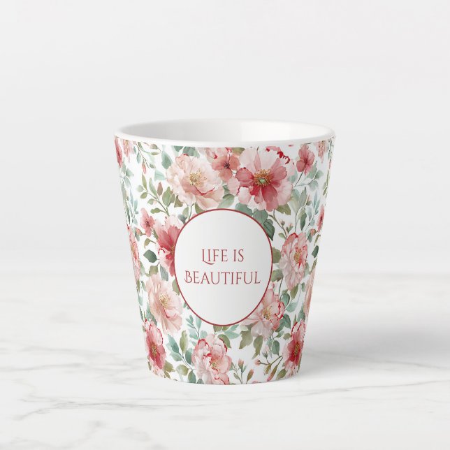 Pink Red Flowers Personalized Quote Latte Mug (Front)
