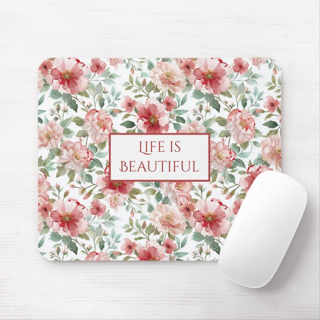 Pink Red Flowers Personalized Quote Mouse Pad (With Mouse)