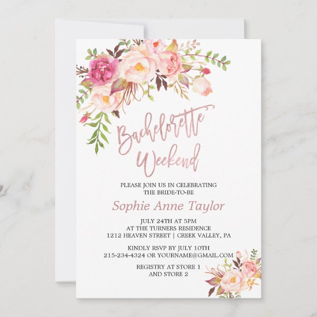 Pink Red Flowers Rose Gold Bachelorette Weekend Invitation (Front)