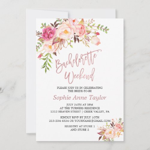 Pink Red Flowers Rose Gold Bachelorette Weekend Invitation