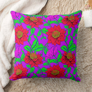 Pink Red Flowers & Roses, Floral Botanical Purple Throw Pillow