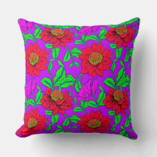Pink Red Flowers & Roses, Floral Botanical Purple Throw Pillow