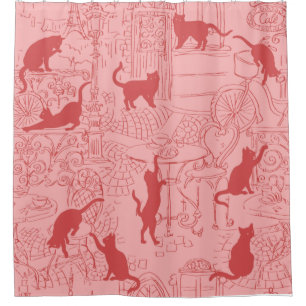 Pink Red French Cat Paris Cafe Shower Curtain