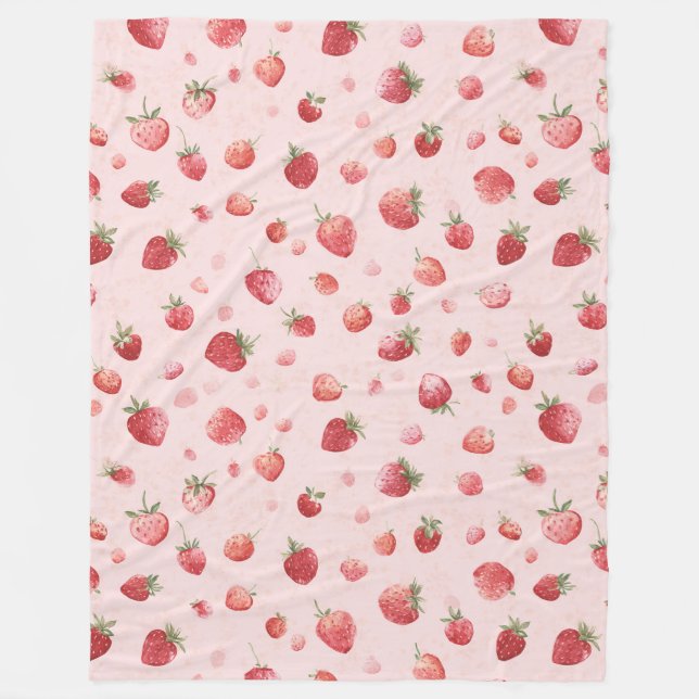 Pink Red Fruit Strawberries Fleece Blanket (Front)
