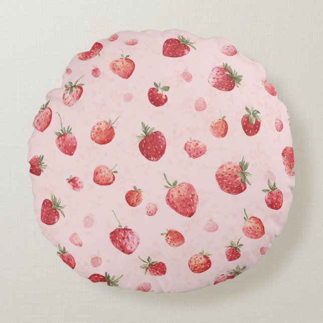 Pink Red Fruit Strawberries Round Pillow (Front)