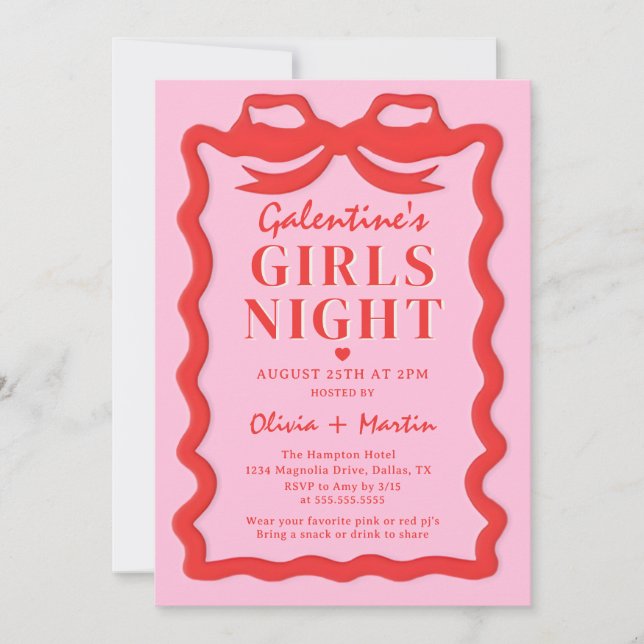 Pink Red Galentine's Girls Night Party Invitation (Front)