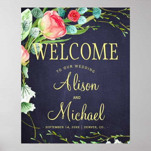 Pink red garden roses navy wedding welcome sign