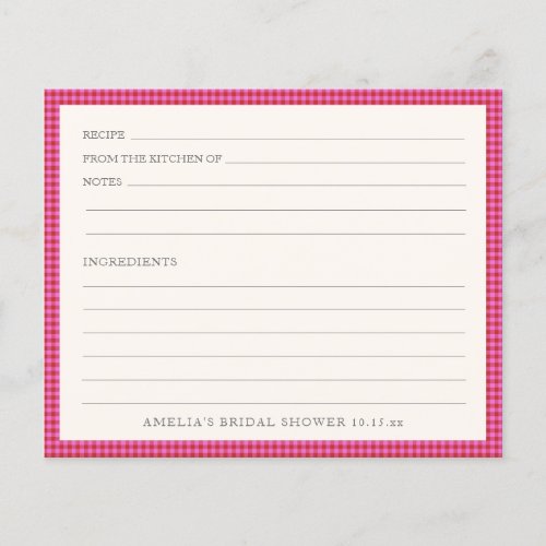 Pink Red Gingham Bridal Shower Recipe Card