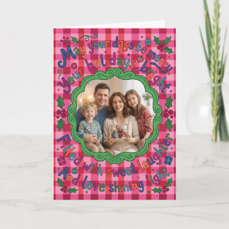 Pink Red Gingham Photo Scalloped Christmas Card