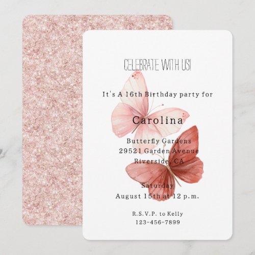 Pink Red Glitter Butterflies Birthday