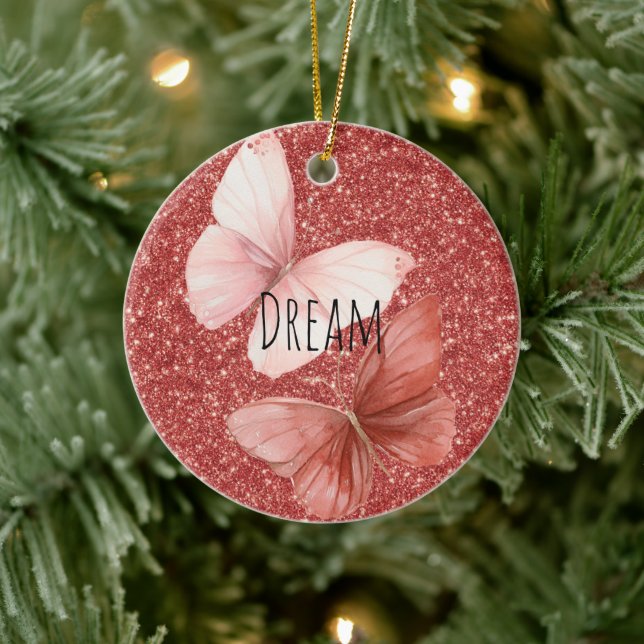 Pink Red Glitter Butterflies Christmas Ceramic Ornament (Tree)