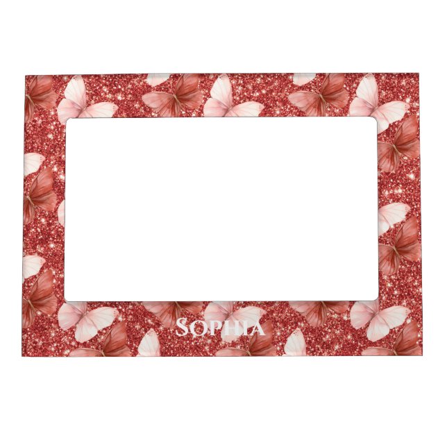 Pink Red Glitter Butterflies  Magnetic Frame (Front)