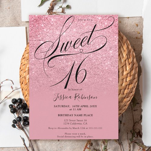 Pink red glitter ombre chic script purple Sweet 16 Invitation