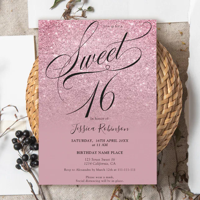 Pink red glitter ombre chic script purple Sweet 16 Invitation | Zazzle