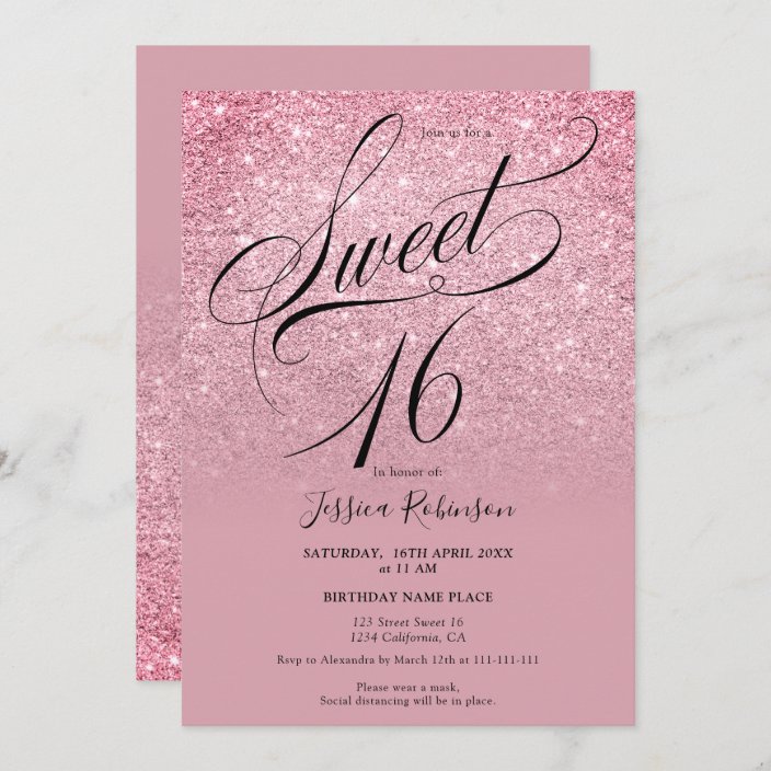 Pink red glitter ombre chic script purple Sweet 16 Invitation | Zazzle